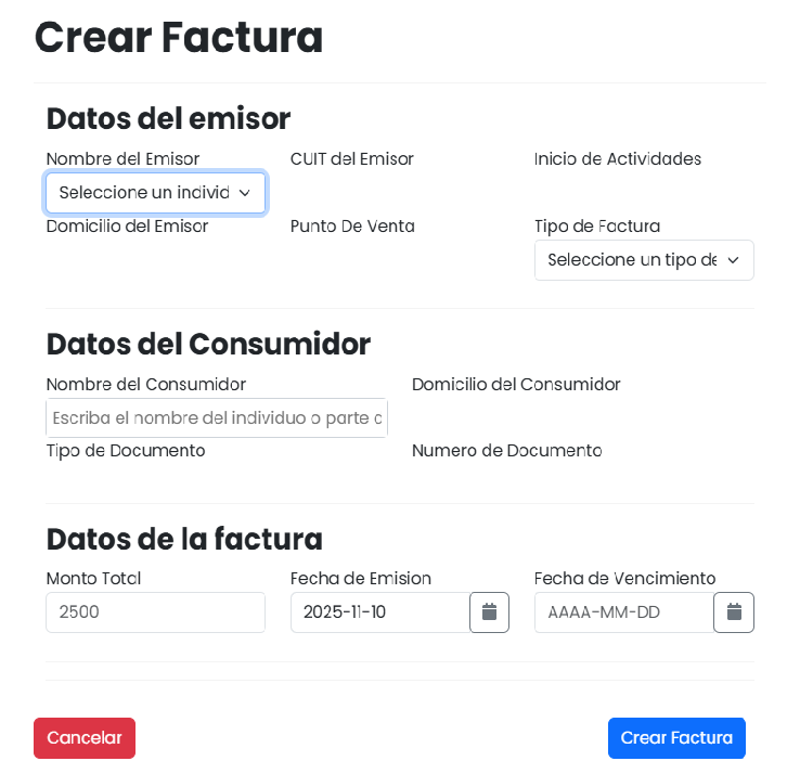 Panel de facturación inmobiliaria con gestión de pagos y aumentos de cuotas